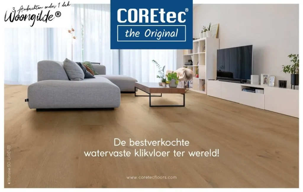 Een woonkamer met een reclame voor coretec.