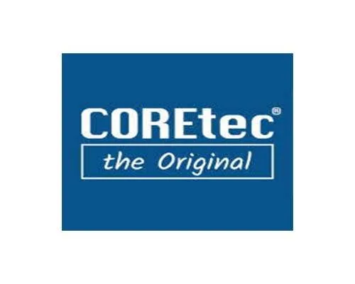 Coretec het originele logo op een blauwe achtergrond.