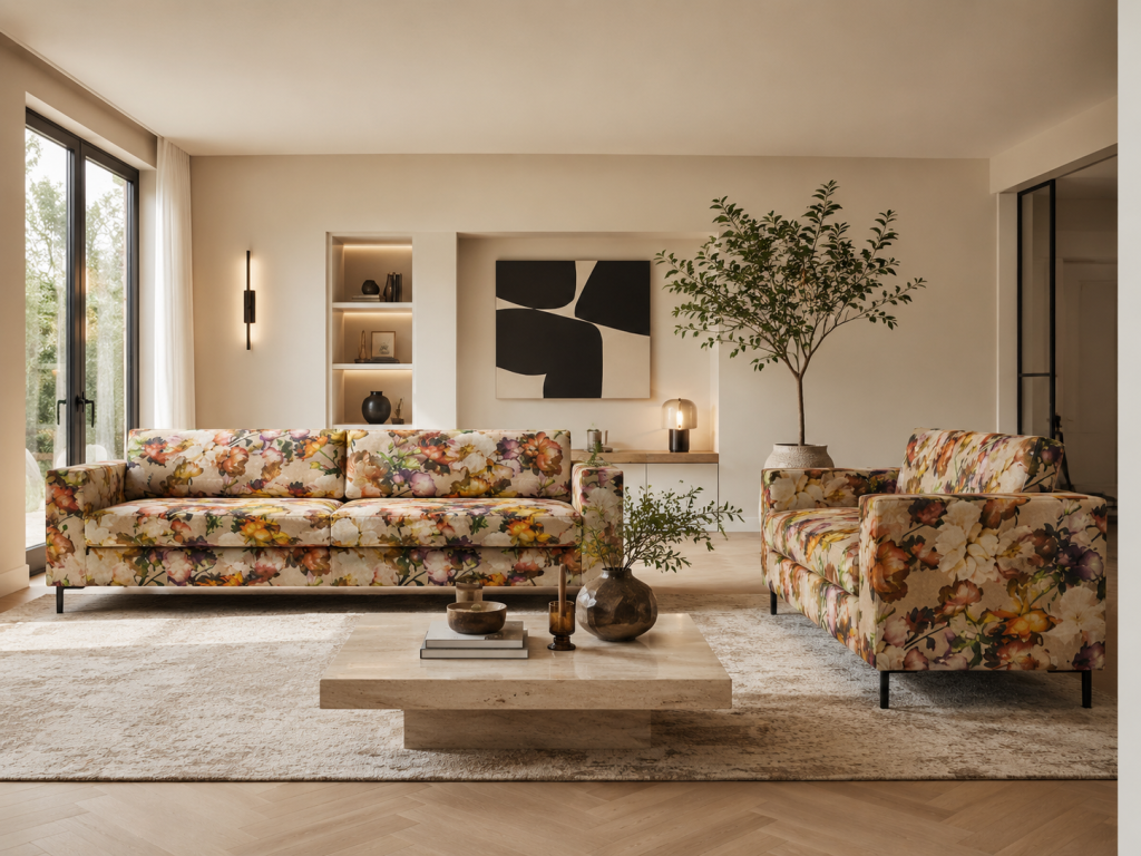 Een moderne woonkamer met meubelstoffering met bloem patronen op de bank en fauteuil, een beige vloerkleed, lage houten salontafel, ingebouwde planken, abstracte kunst en een grote boom in pot.
